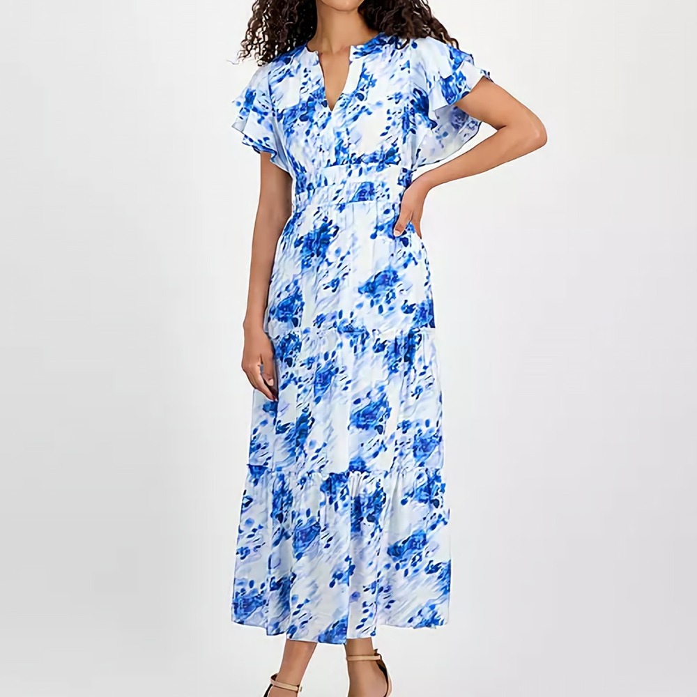 Julia Jordan Printed Ruffle Sleeve Midi Blue A Line Dress Womens Size 16 NWT